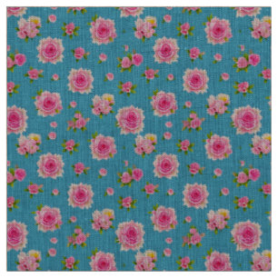 Pink Roses on a Blue Background Fabric