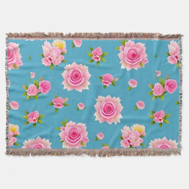 Pink Roses on a Blue Background Throw Blanket (Front)