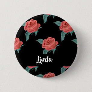 Pink roses on black 6 cm round badge