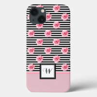Pink Roses on Black and White Stripes with Initial