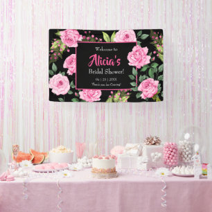 Pink Roses on Black Bridal Shower Banner