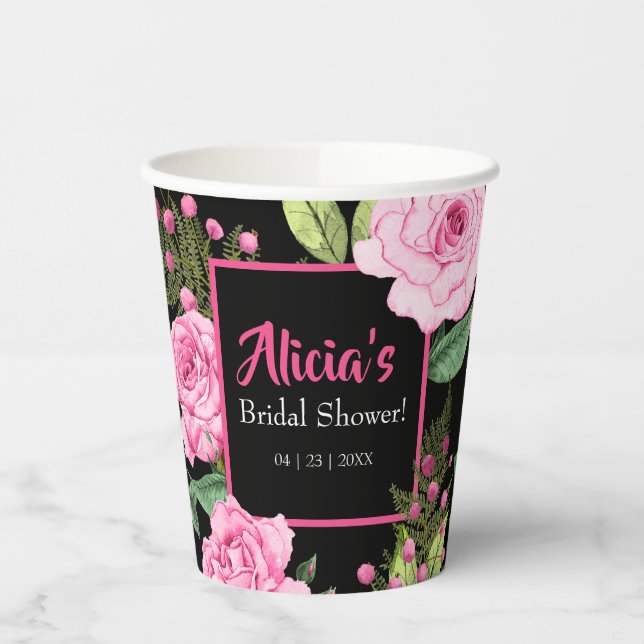 Pink Roses on Black Bridal Shower Paper Cups (Left)