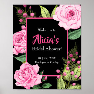 Pink Roses on Black Bridal Shower Welcome Poster