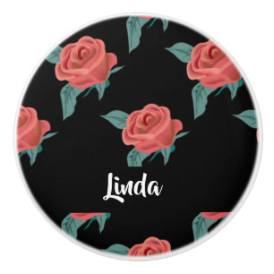 Pink roses on black ceramic knob