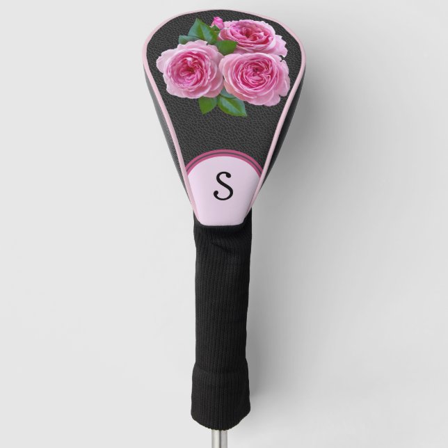 Pink Roses on Black Floral Monogram Lady Golf Head Cover (Front)