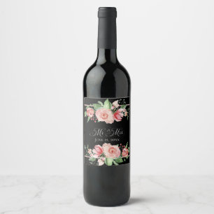 Pink Roses on Black Floral Mr & Mrs Wedding Wine Label