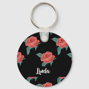 Pink roses on black key ring