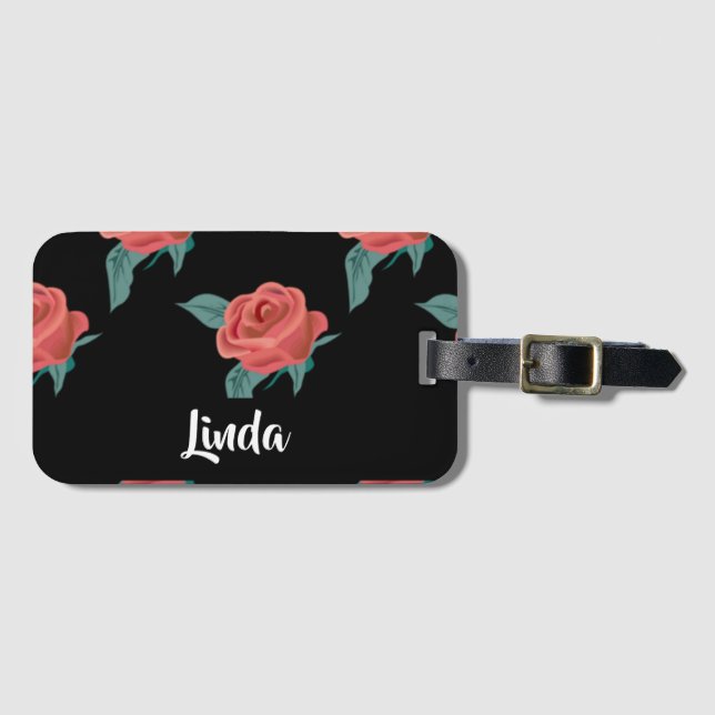 Pink roses on black luggage tag (Front Horizontal)