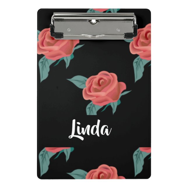 Pink roses on black mini clipboard (Front)