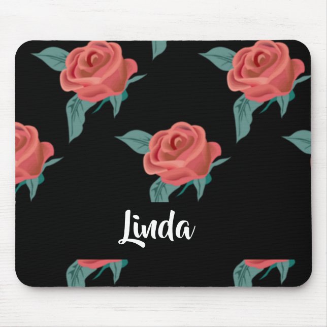 Pink roses on black mouse pad (Front)