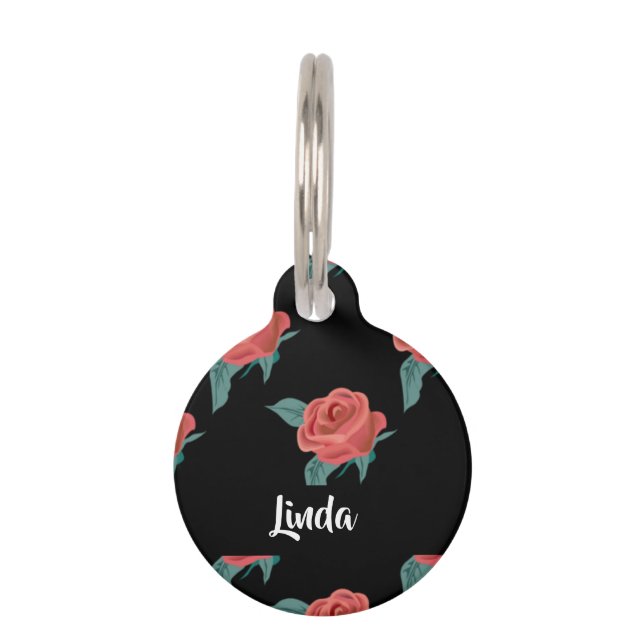 Pink roses on black pet tag (Front)
