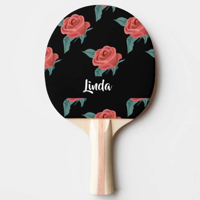 Pink roses on black ping pong paddle (Front)