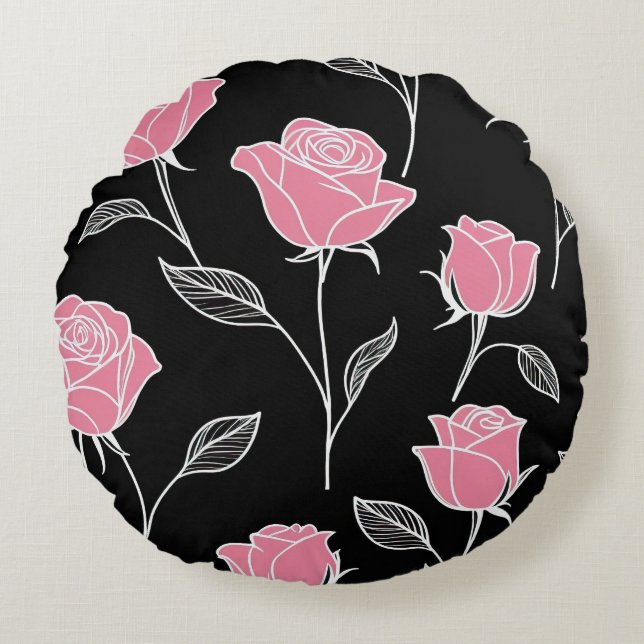 Pink roses on black round cushion (Front)