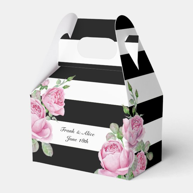 Pink Roses on Black Stripes Custom Favour Box (Front Side)