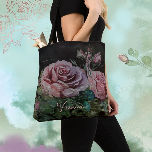 Pink Roses on Black  Tote Bag (Pink Roses on Black Tote Bag)