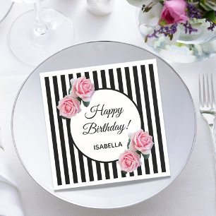 Pink roses on black white stripes Happy Birthday Napkin