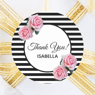 Pink roses on black white stripes Thank You Classic Round Sticker