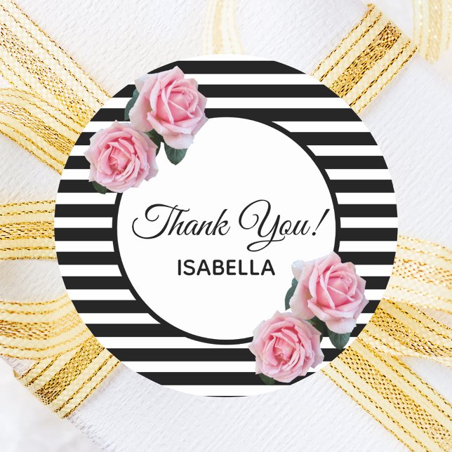 Pink roses on black white stripes Thank You Classic Round Sticker (Creator Uploaded)