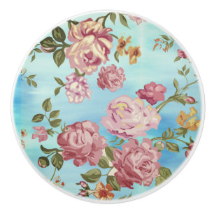 Pink Roses on Blue Background Ceramic Knob