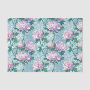 Pink Roses on Blue Background Stained Glass Effect Tissue Paper