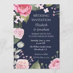 Pink Roses on Blue Customizable Wedding Invitation