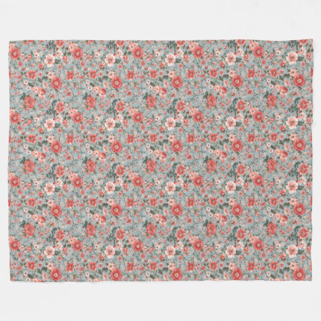 Pink Roses on Blue English Cottage Fleece Blanket (Front (Horizontal))