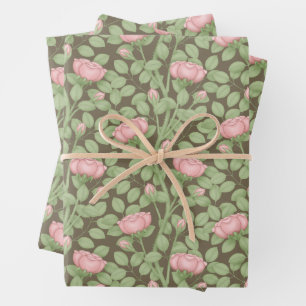 Pink Roses on brown Wrapping Paper Sheet