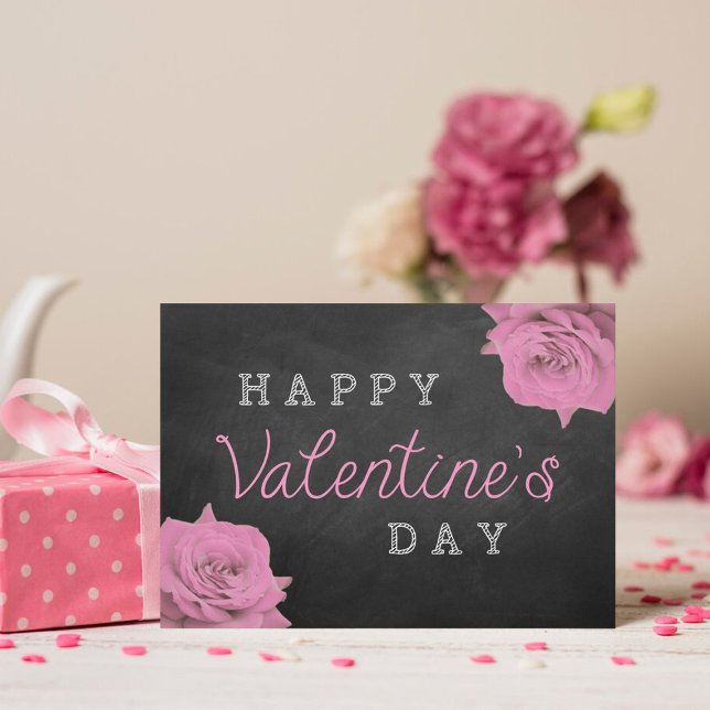 Pink Roses On Chalkboard Happy Valentine's Day Holiday Card (Creator Uploaded)