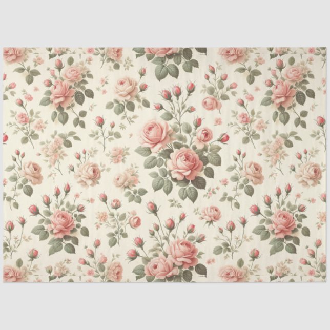 Pink Roses on Cream Vintage Tissue Paper (Front)
