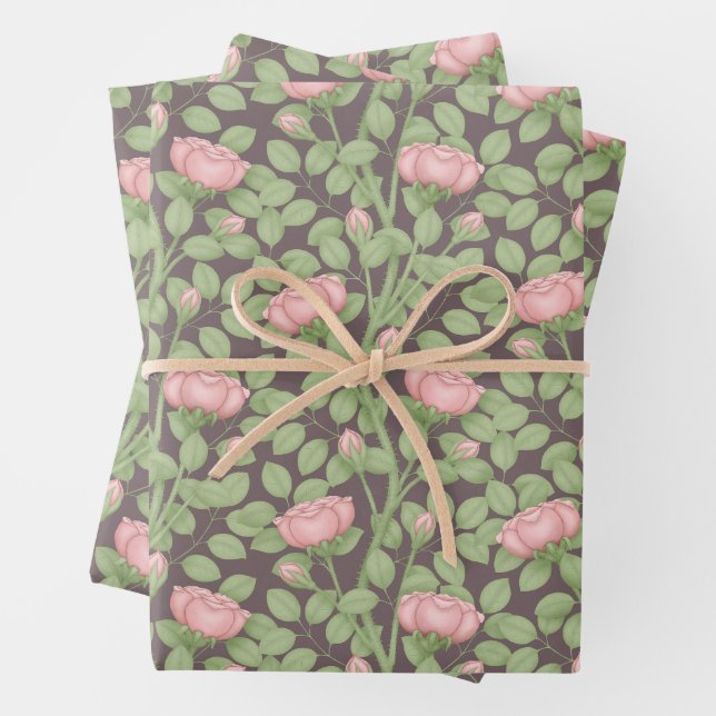 Pink Roses on dark plum Wrapping Paper Sheet (In situ)