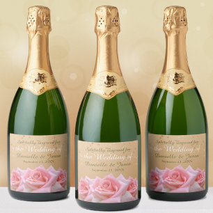 Pink Roses on Glitzy Gold Champagne Label