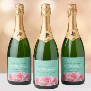 Pink Roses on Glitzy Pearl Aqua Champagne Label