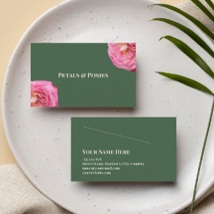 Pink Roses On Green Background Simple Elegant Business Card