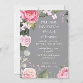 Pink Roses on Grey Customizable Wedding Invitation
