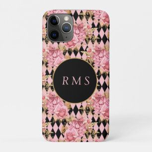 Pink Roses on Harlequin Monogram  Case-Mate iPhone Case