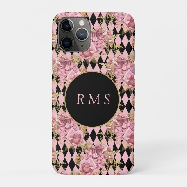 Pink Roses on Harlequin Monogram  Case-Mate iPhone Case (Back)