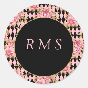 Pink Roses on Harlequin Monogram  Classic Round Sticker