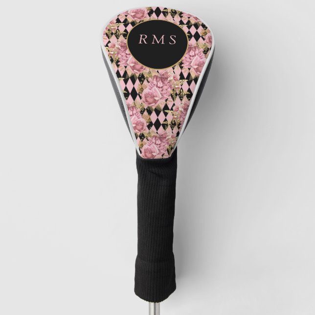 Pink Roses on Harlequin Monogram  Golf Head Cover (Front)