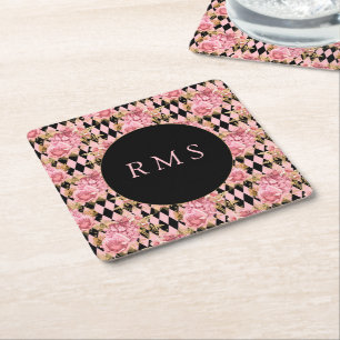 Pink Roses on Harlequin Monogram Square Paper Coaster