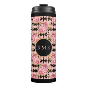 Pink Roses on Harlequin Monogram  Thermal Tumbler