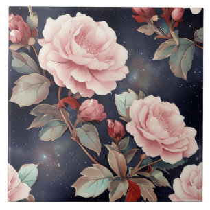 Pink Roses on Magic Night Sky Tile