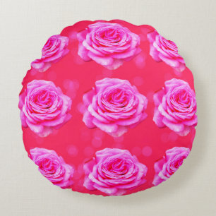 Pink Roses On Pink Bokeh Background, Round Cushion
