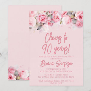 Pink Roses on Pink Floral 90th Birthday Party Invitation