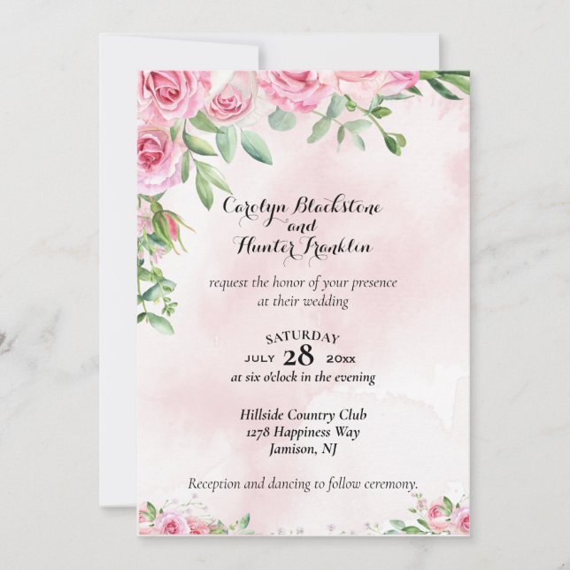 Pink Roses on Pink & White Wedding Invitation (Front)