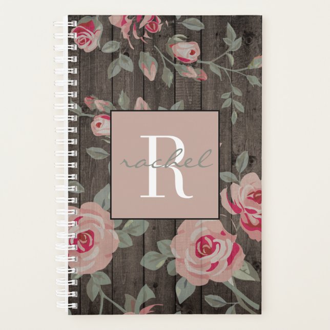 Pink Roses on Rustic Wood Monogrammed Planner (Front)