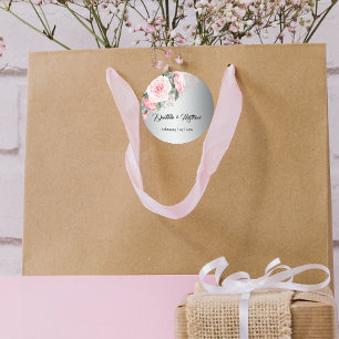Pink Roses on Silver Botanical Wedding Classic Round Sticker