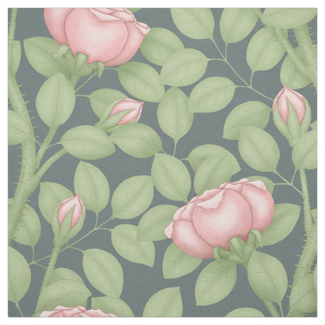Pink Roses on slate blue (large scale) Fabric (Swatch)
