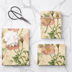 PINK ROSES ON SOFT YELLOW MIDTONE WRAPPING PAPER