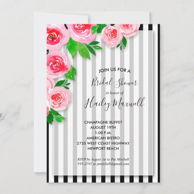 Pink Roses on Stripes Bridal Shower Invitations (Front)