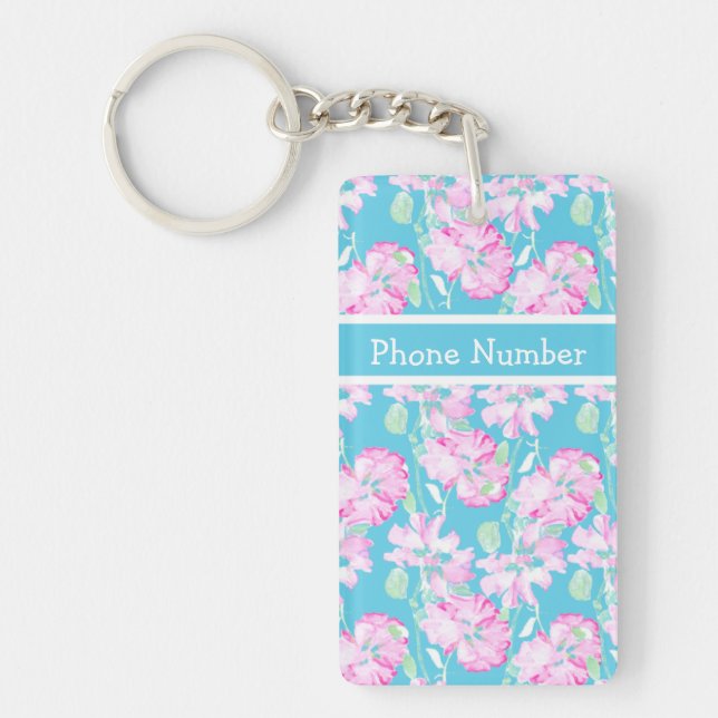 Pink Roses on Turquoise Custom Keychain (Front)